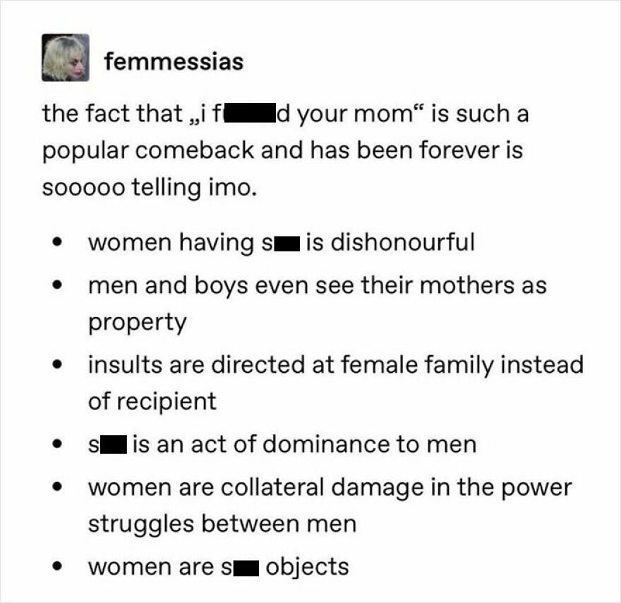 Feminist post analyzing insults and dominance linked to sexism against women