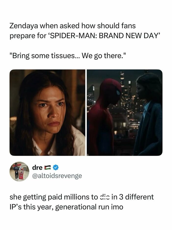 Zendaya and Spider-Man in a pop culture post, discussing preparations for 'Brand New Day' with good vibes.