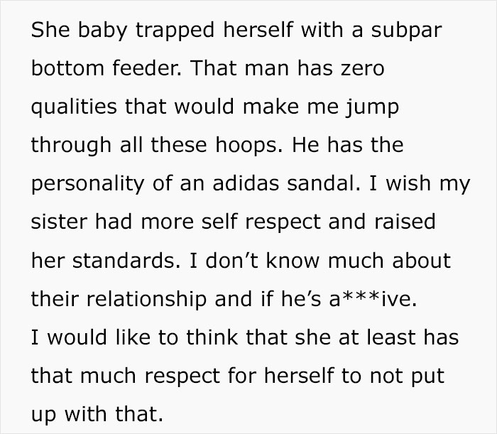 Text describing sister's relationship and low opinion of her partner's qualities Text describing sister's relationship and low opinion of her partner's qualities