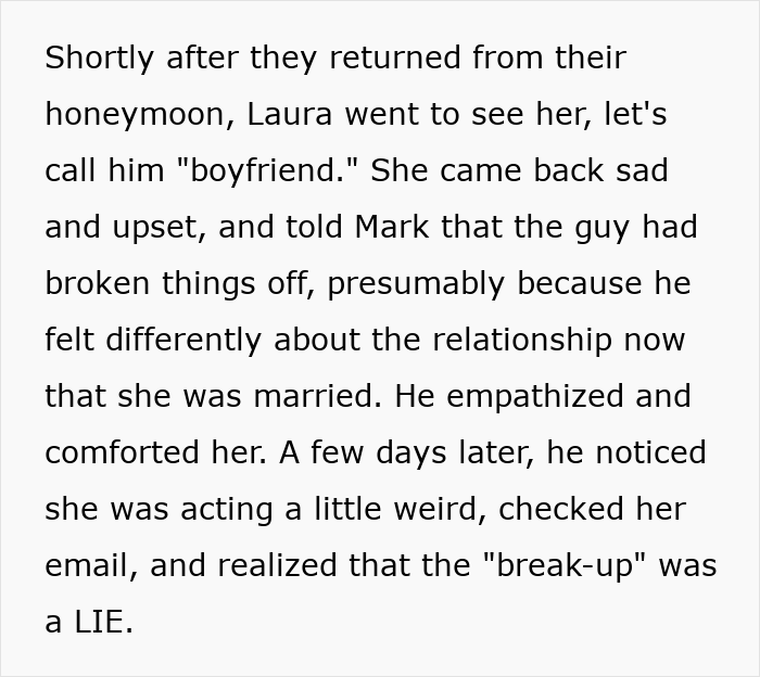 Text describing a woman lying about her breakup after a honeymoon Text describing a woman lying about her breakup after a honeymoon