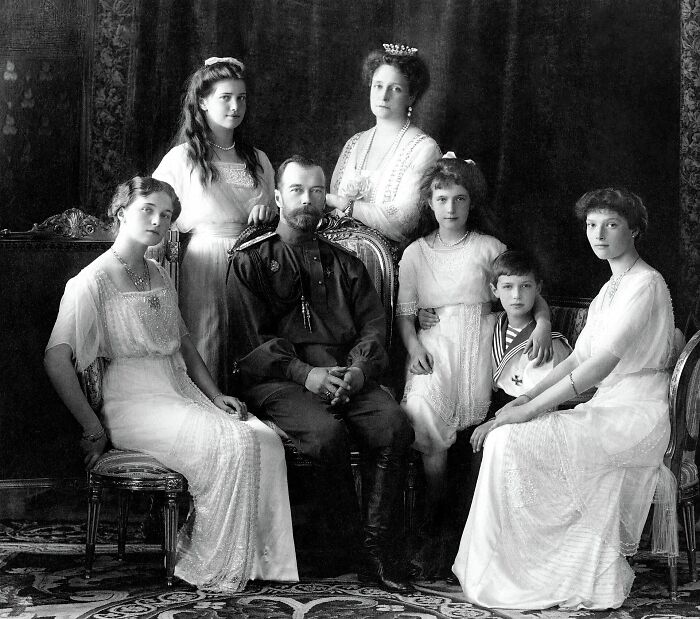 The Imperial Family of Russia, an unsolved mystery from history, posed for a formal portrait.
