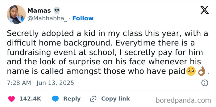 A screenshot of an adoption story about a teacher secretly paying for a student in class with a difficult home background.