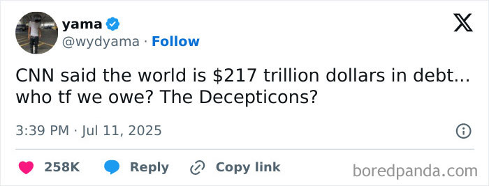 Social media post joking about world debt and Decepticons