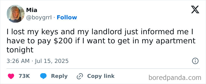 A tweet about a horrible landlord charging $200 for lost keys highlights tenant's misery.