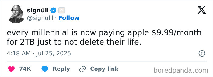 Tweet about millennials paying Apple for 2TB storage to avoid deleting their digital life