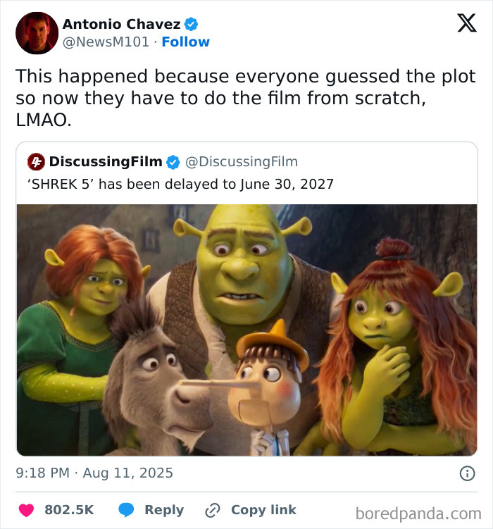 A cinephile tweet discussing the delay of Shrek 5, highlighting movie people's reactions to film news.