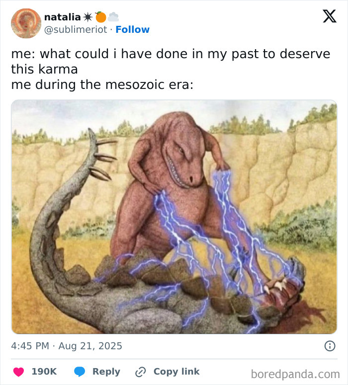 A meme featuring a dinosaur using lightning on another dinosaur, representing chaotic and unhinged pics.