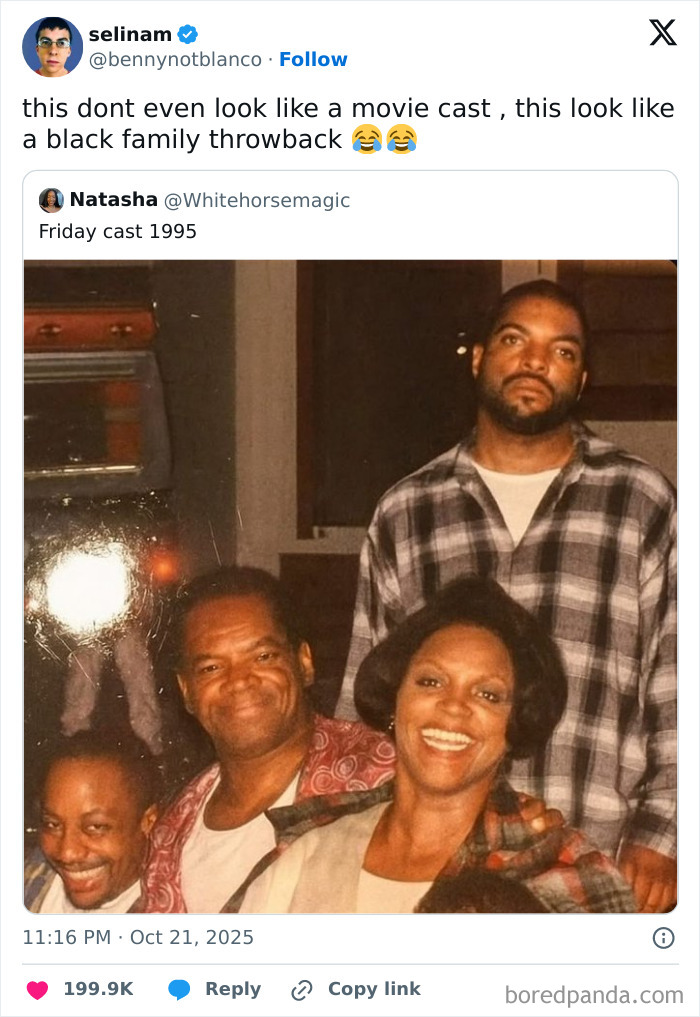 A vintage photo that a funny movie person identified as a black family throwback, not a movie cast, one of many unhinged cinephile tweets.