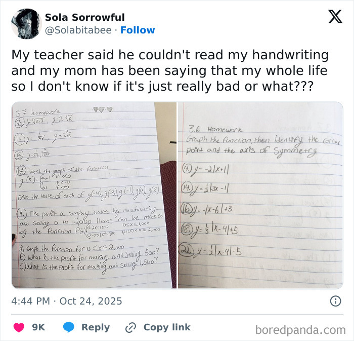 A tweet about a teacher unable to read a student's handwriting, highlighting a possible annoying teacher issue.