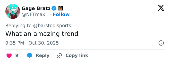 A social media post from Gage Bratz about a Gen Z fashion trend: What an amazing trend, Oct 30, 2025.