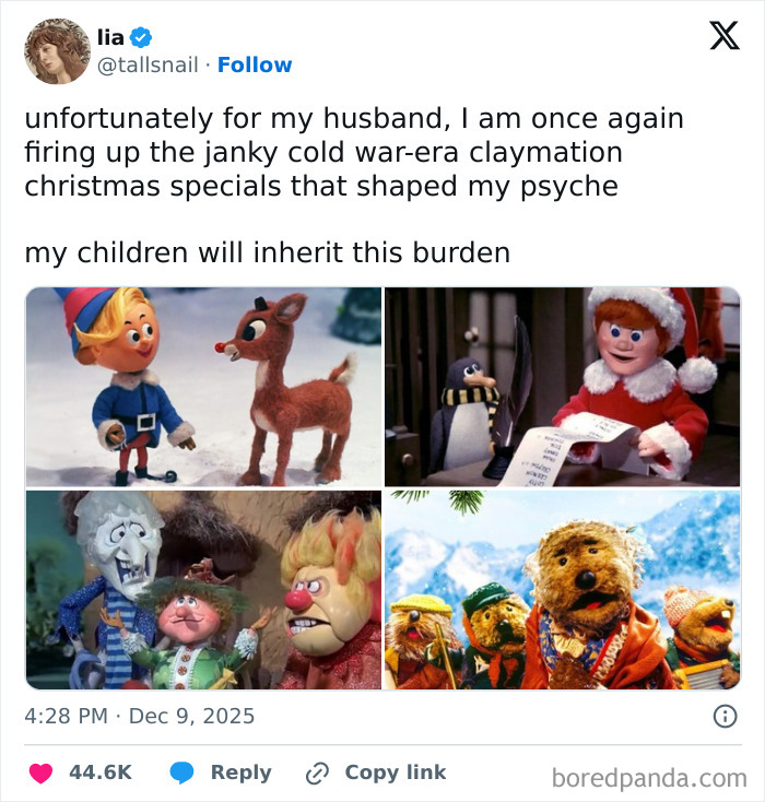 Tweet about Cold War-era claymation Christmas specials shaping childhood psyche