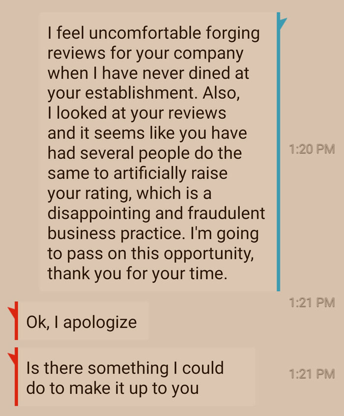 Text messages revealing an applicant declining to participate in a restaurant scam involving forging reviews, exposing fraudulent business practices.