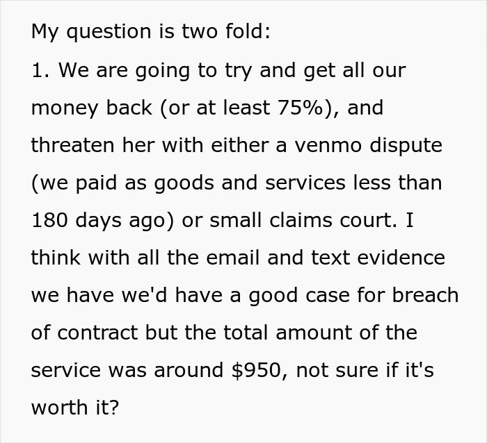 Text about attempting to get money back from wedding coordinator and breach of contract