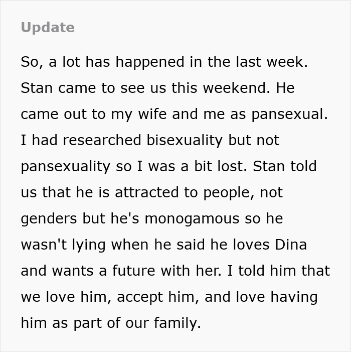 Text update about pansexual fiancé and family acceptance in prenup story Text update about pansexual fiancé and family acceptance in prenup story