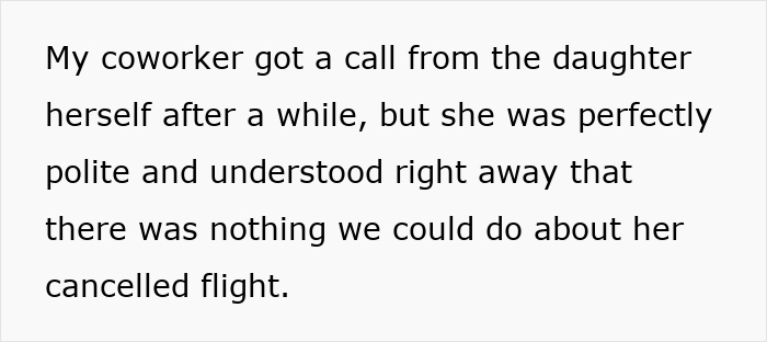 Text excerpt about polite daughter understanding canceled flight situation Text excerpt about polite daughter understanding canceled flight situation