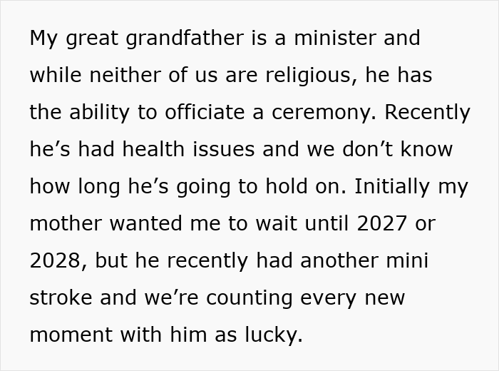 Screenshot of text explaining that the daughter wants her great-grandfather, a minister, to officiate her wedding despite his health issues, delaying the wedding. Screenshot of text explaining that the daughter wants her great-grandfather, a minister, to officiate her wedding despite his health issues, delaying the wedding.