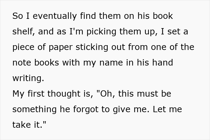 Screenshot of text describing finding a paper with his name in his husband's handwriting, hinting at a double life.