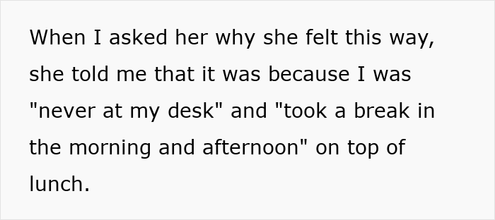 Screenshot of text: Ableist Karen lecturing a coworker for being away from their desk and taking breaks.