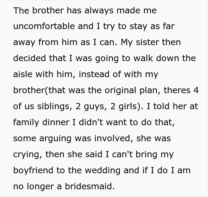 Text describing uncomfortable situation with creepy BIL and wedding tensions Text describing uncomfortable situation with creepy BIL and wedding tensions