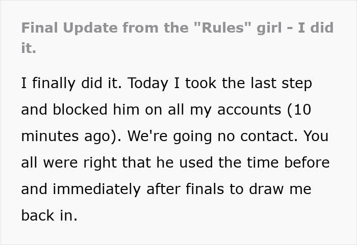 A final update from a girlfriend who broke up with her toxic guy, escaping his jealousy and rules.