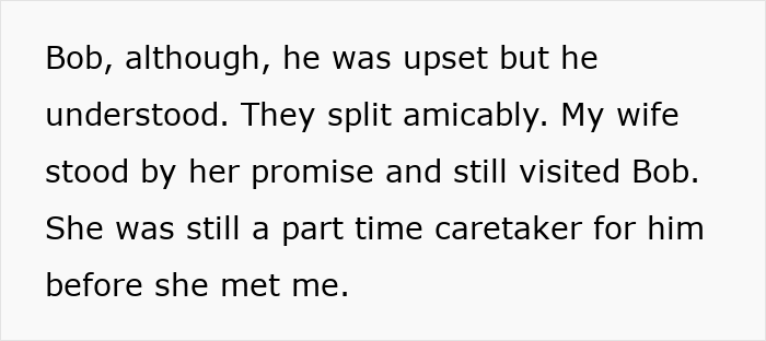 Text describing the ex-wife's promise to visit her ex-husband after his accident, acting as a part-time caretaker.