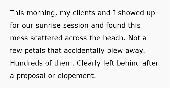 Description of finding hundreds of fake petals left after beach proposal
