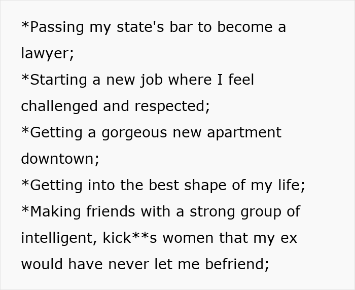 A list of achievements including passing the bar, a new job, apartment, fitness, and female friends, escaping toxic jealousy.