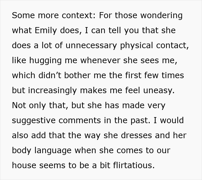 Text detailing a creepy friend's flirtatious behavior and physical contact with a hubby.