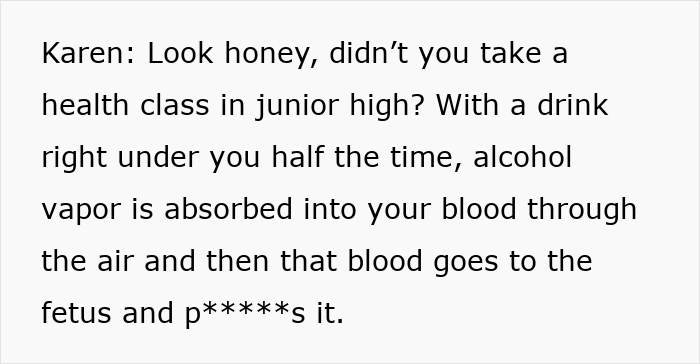 A screenshot of a text message where a woman talks about a pregnant woman working in a pub and how alcohol vapor can harm the fetus.
