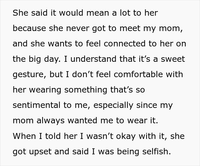Text detailing the brother's fiancee's tantrum after being denied the sentimental dress, leading to conflict. Text detailing the brother's fiancee's tantrum after being denied the sentimental dress, leading to conflict.