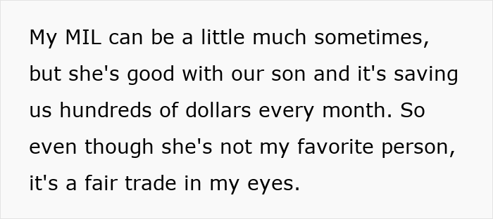 Text describing MIL as sometimes too much but helpful babysitting