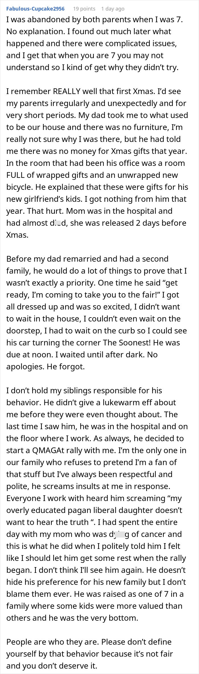 A detailed comment from someone abandoned by parents and replaced by stepkids, offering a harsh response. A detailed comment from someone abandoned by parents and replaced by stepkids, offering a harsh response.