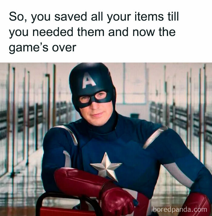 Meme about saving all game items until the game is over with Captain America