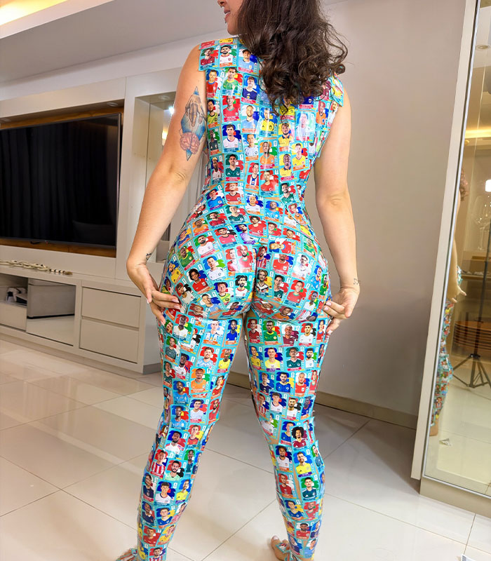 Influencer wearing full outfit covered in World Cup soccer stickers