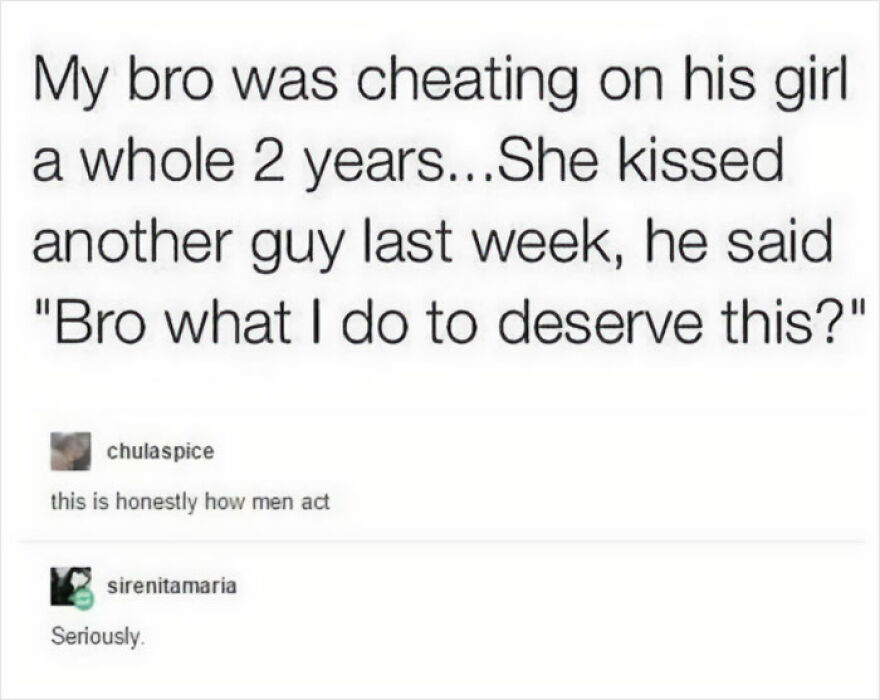 Feminist post criticizing double standards in cheating behavior between men and women