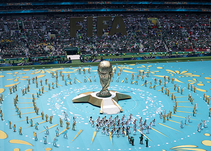 Wide shot of FIFA World Cup 2026 opening ceremony with stadium crowd