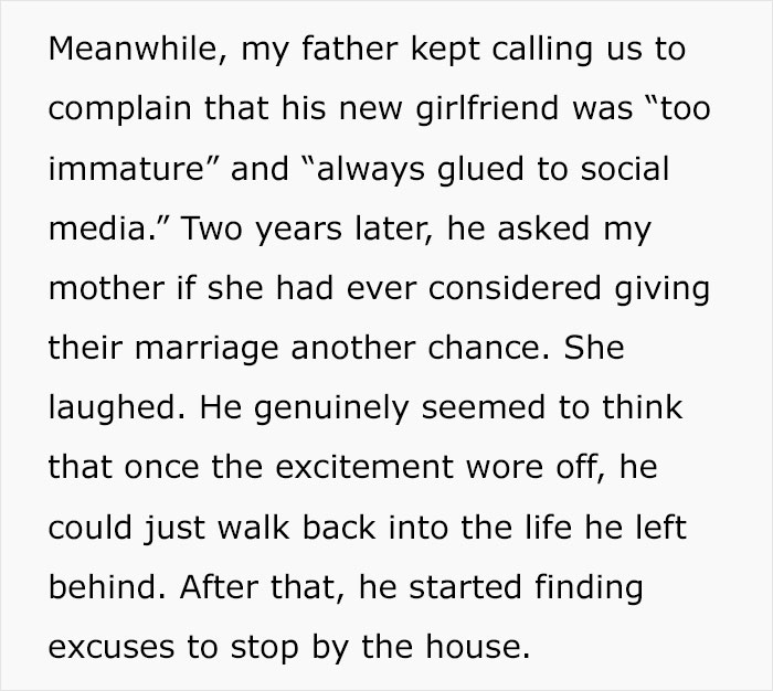 Text describing husband's dissatisfaction with new girlfriend and visiting ex-wife