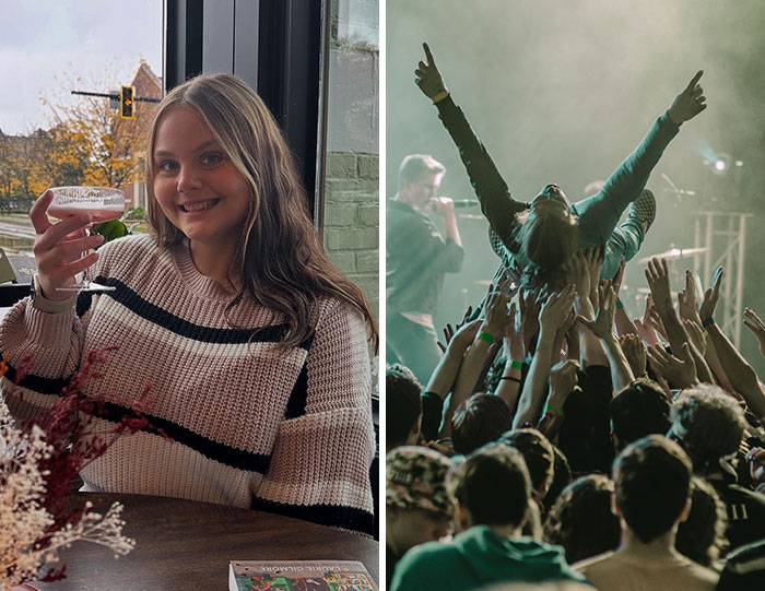Image of a young woman with a drink and a crowd at a concert, illustrating bizarre accidents and innocent lives taken.