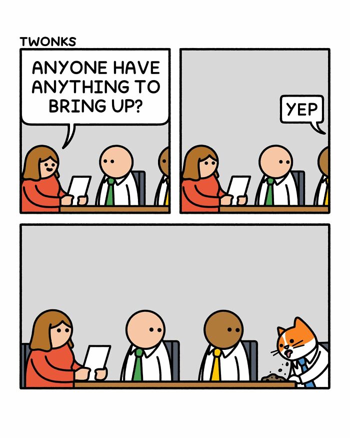 Absurd comic by Steve Nelson of a cat vomiting on a conference table during a meeting.