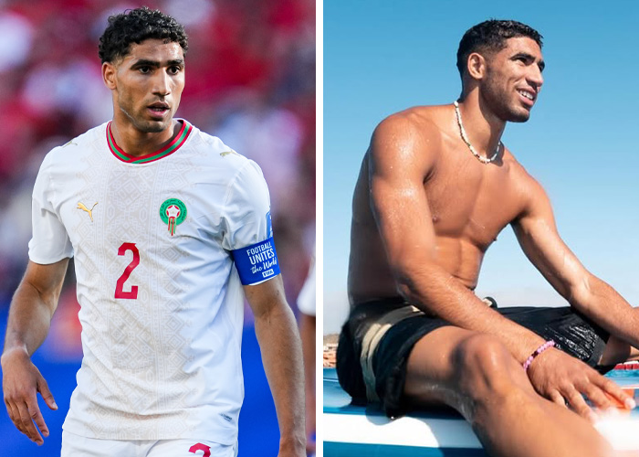 A split image of a World Cup heartthrob, first in a white soccer jersey, then shirtless by the water.