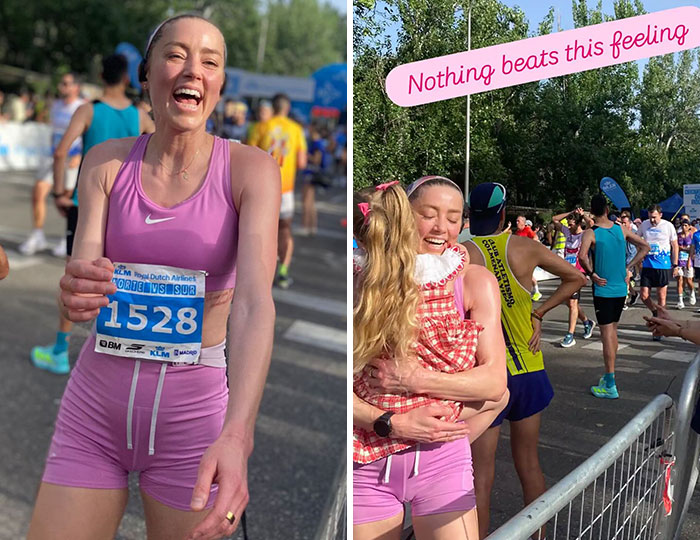 Father's Day 2026 posts: A woman runner smiling with a race bib and a woman runner hugging someone after a race.