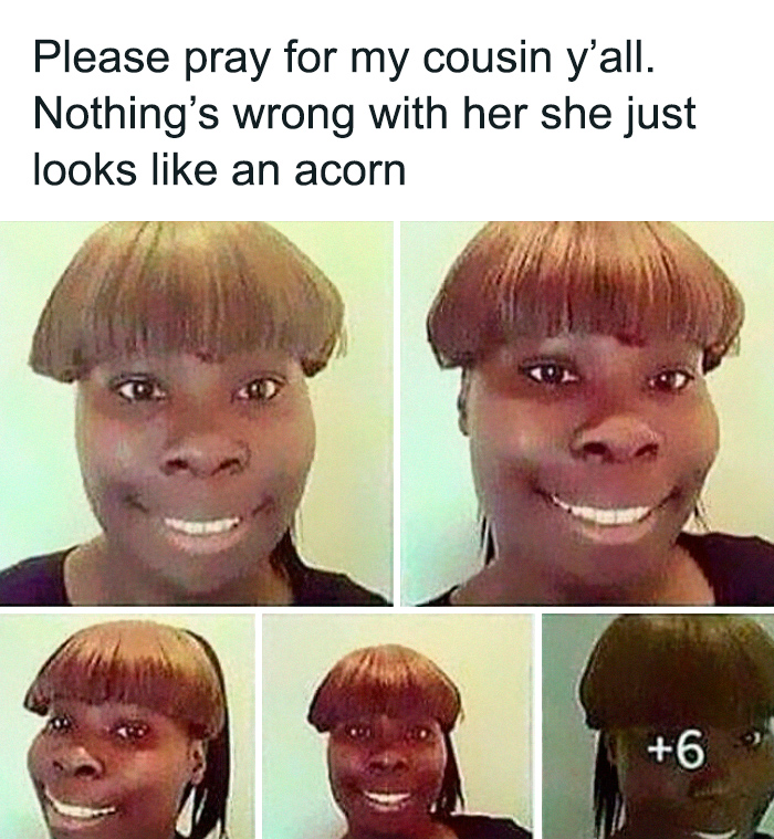 A multi-panel meme showing a woman with a bowl cut resembling an acorn, highlighting unfortunate haircuts.