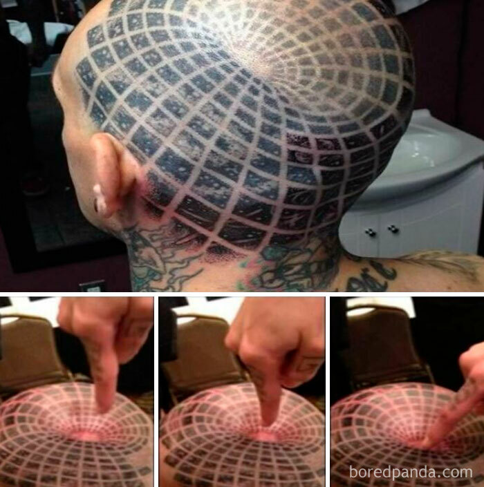 A person with a mind-bending 3D tattoo on their head, creating an optical illusion, a hilarious tattoo.
