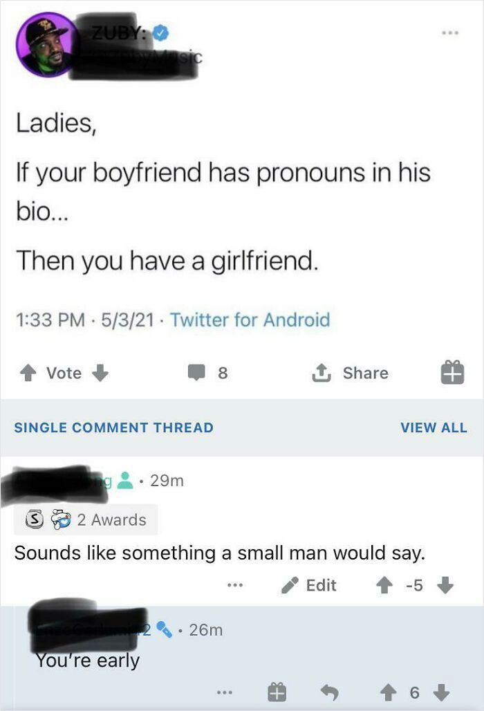 A tweet and comments about pronouns in a bio, showcasing examples of fragile masculinity.
