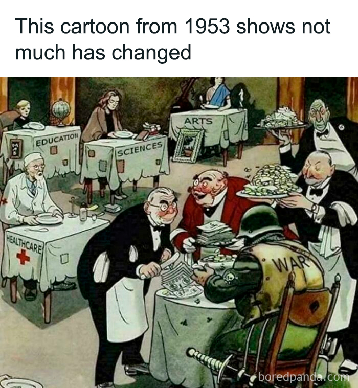 A 1953 cartoon depicting a military figure served bountiful food while tables for education and healthcare are bare, showing posts that aged well.