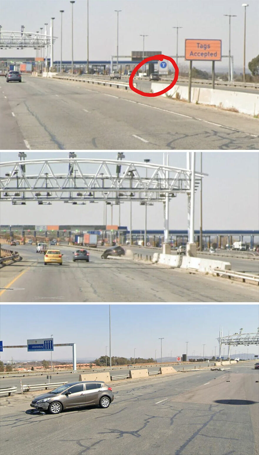 A sequence of funny Google Street View photos showing a car parked precariously on a highway barrier.