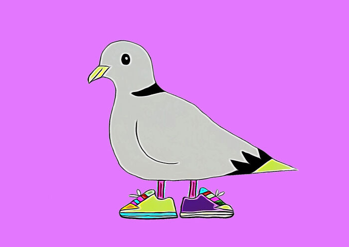 An adorable dove character wearing colorful sneakers stands against a vibrant purple background.