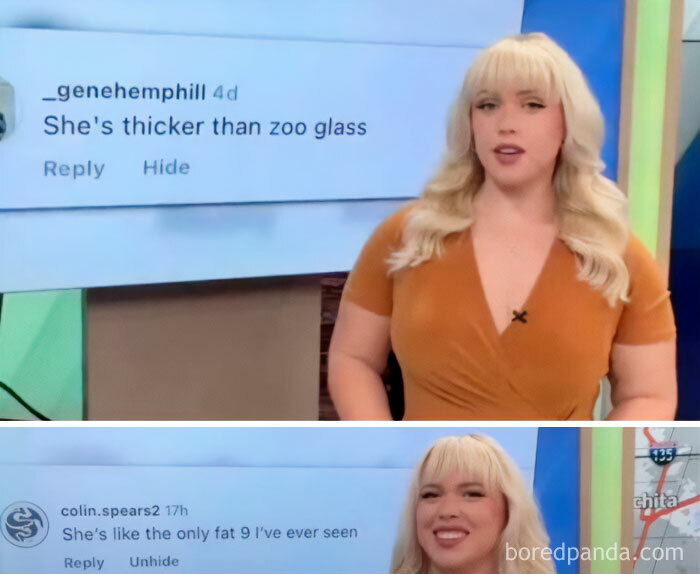 A cringe TV screen showing a news anchorwoman and two inappropriate comments about her appearance.