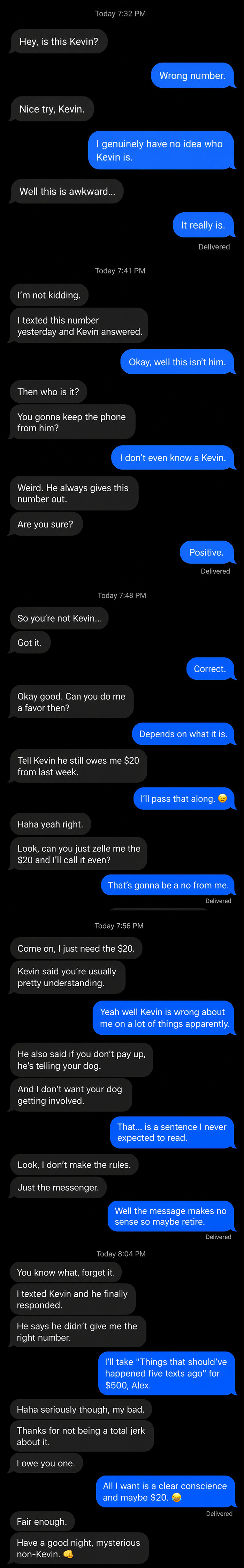 A lengthy wrong number text exchange where someone tries to get money from an unknown recipient.