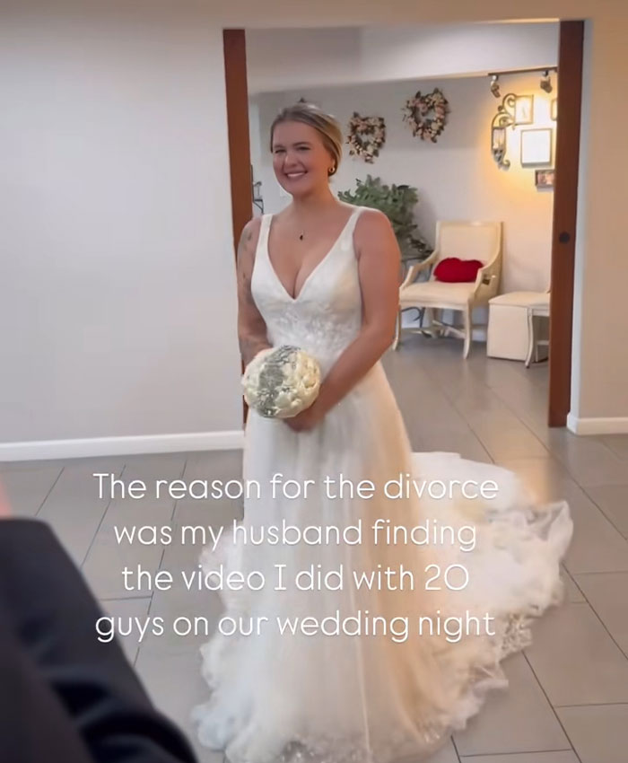 A woman in a wedding dress smiles, holding a bouquet. Her marriage is in shambles after a challenge.